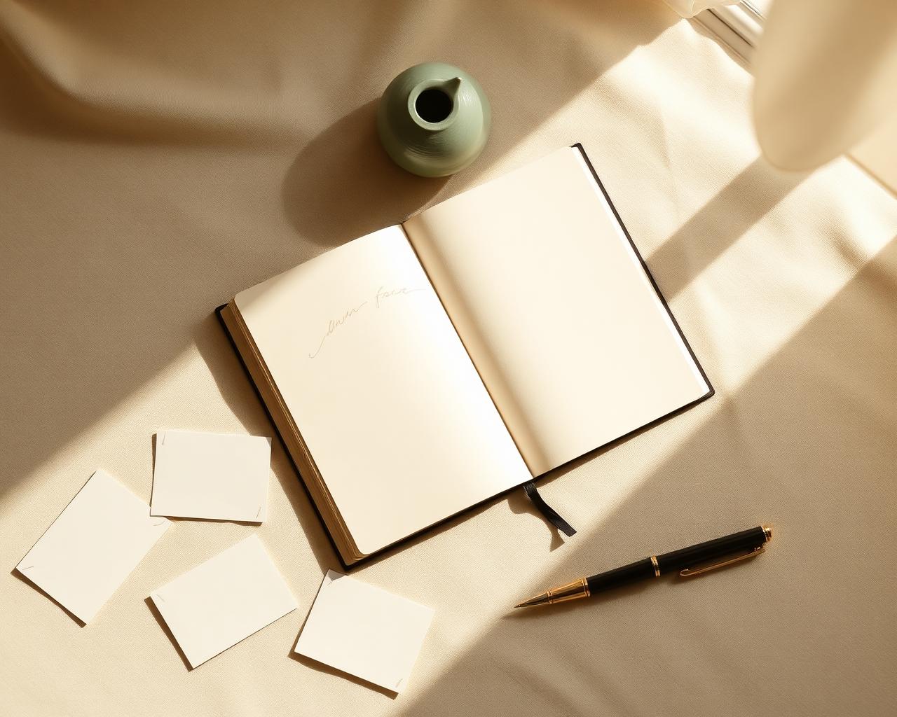 Cuaderno, tarjetas de papel y pluma fuente sobre un escritorio