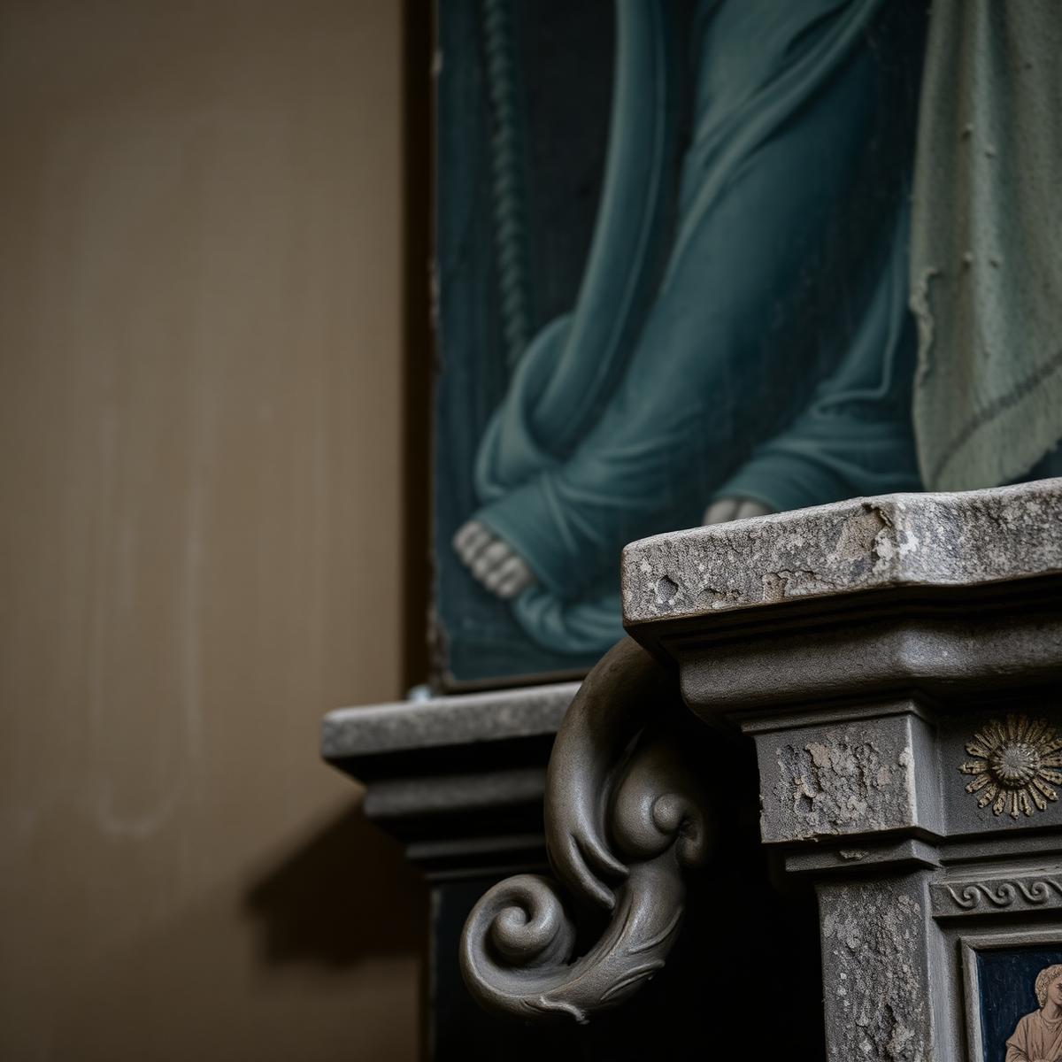 Detalle de pintura clásica y piedra labrada en una iglesia histórica