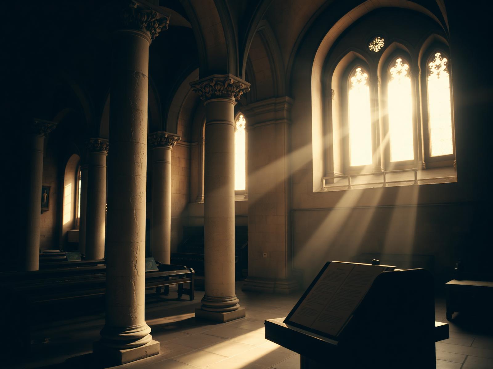 Interior de iglesia histórica con luz entrando por ventanales y un atril con manuscrito