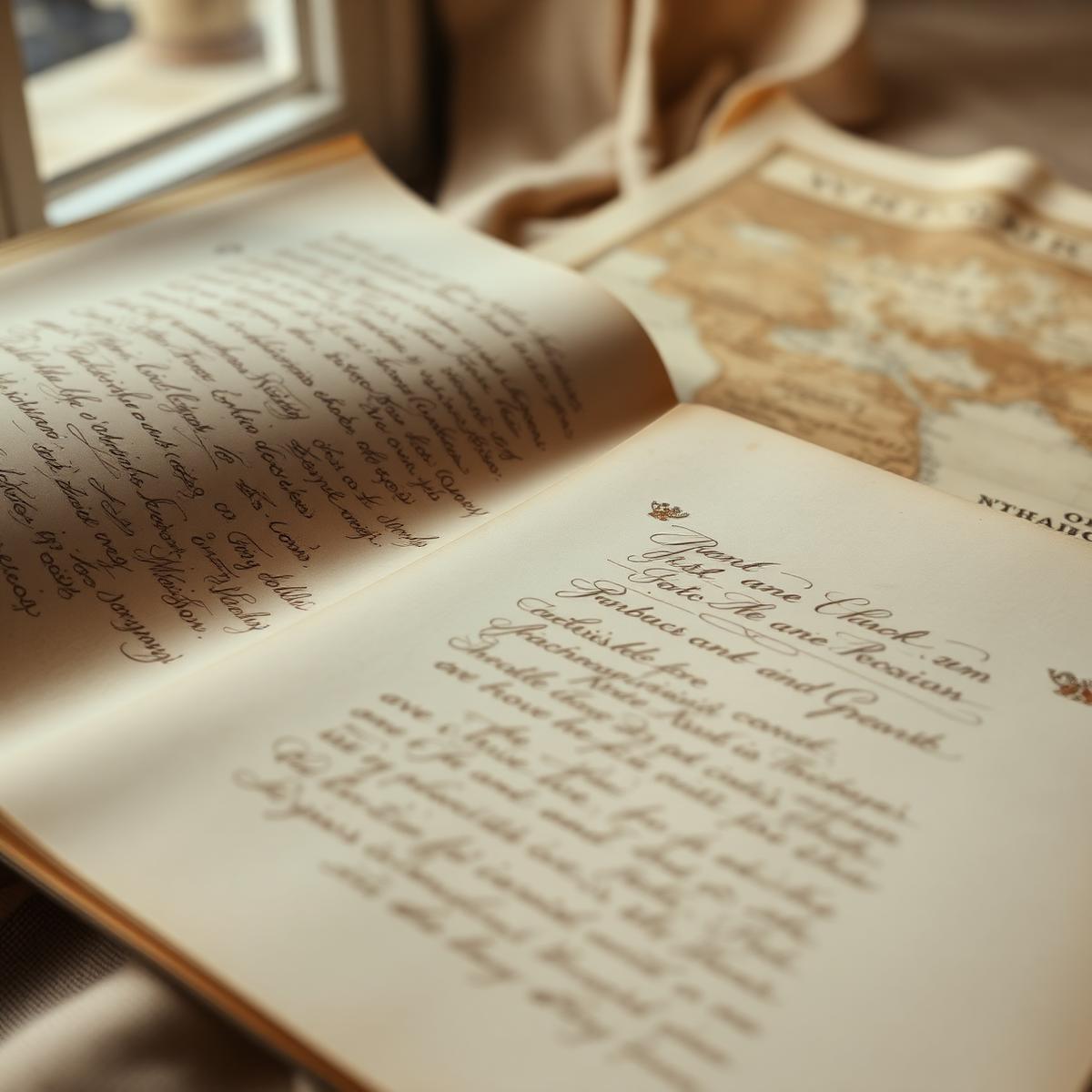 Manuscrito antiguo abierto sobre un mapa histórico